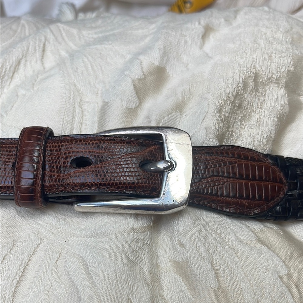 Brighton Brown and Black Basket Weave and Croc Embossed, Silver Tone Buckle Belt